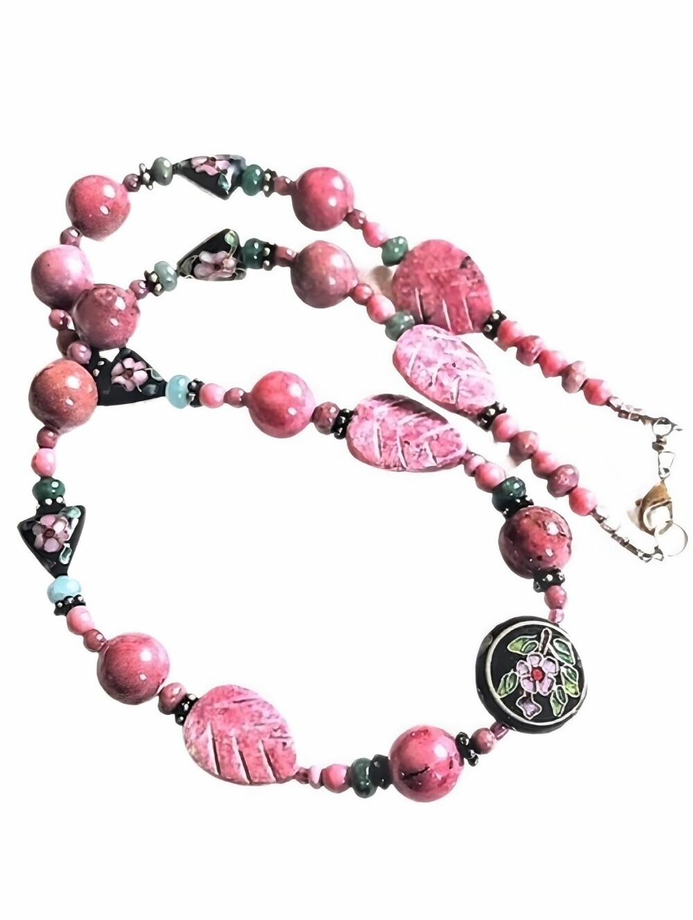 🩷 Vintage Oriental Closionne Carved Jade Pink Rhodochrosite Gem Stone Necklace